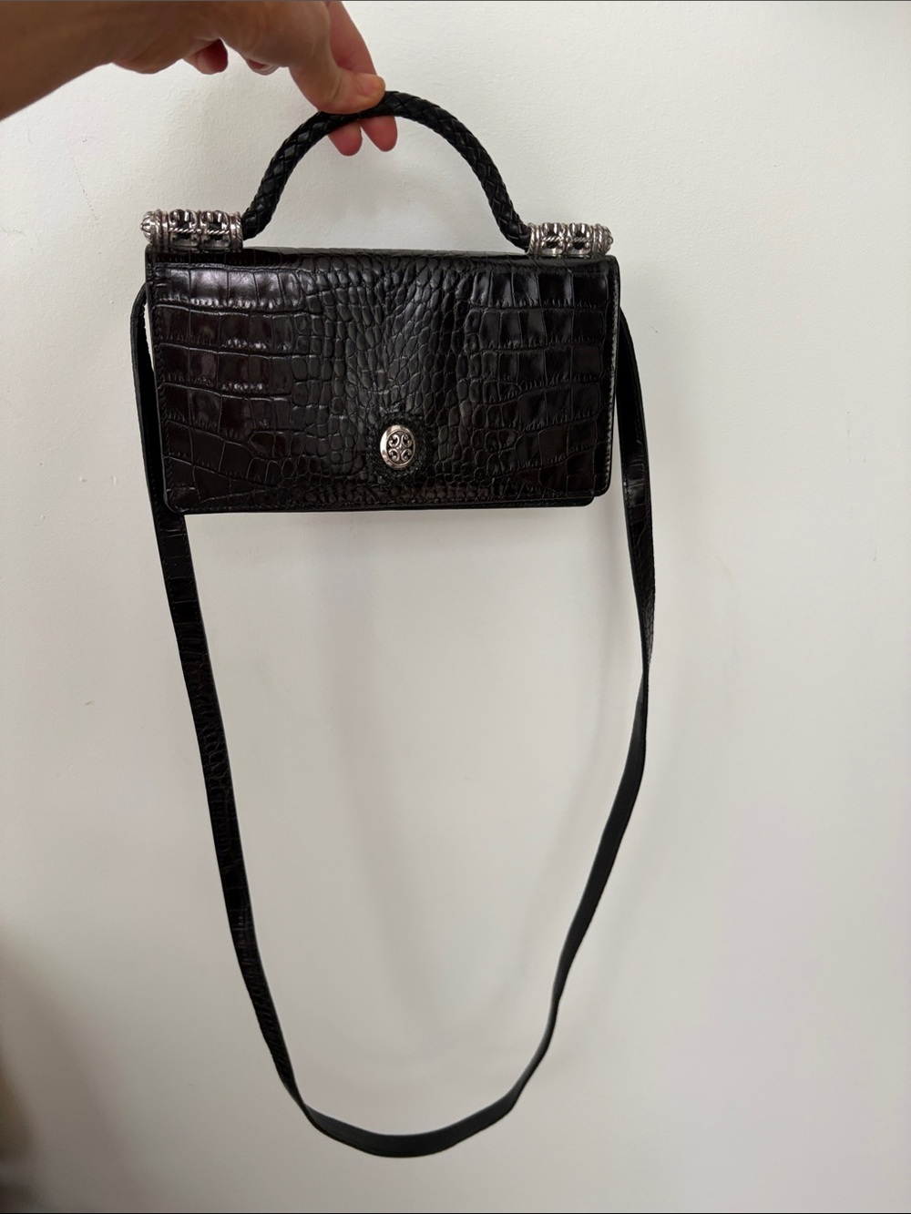 Vintage Black Croc-Embossed Leather Crossbody Bag
